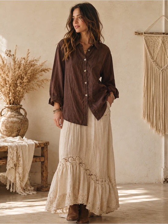 Young Threads Tops - Young Threads NWT Brown Button Front Blouse Size Large Boho Cottagecore
